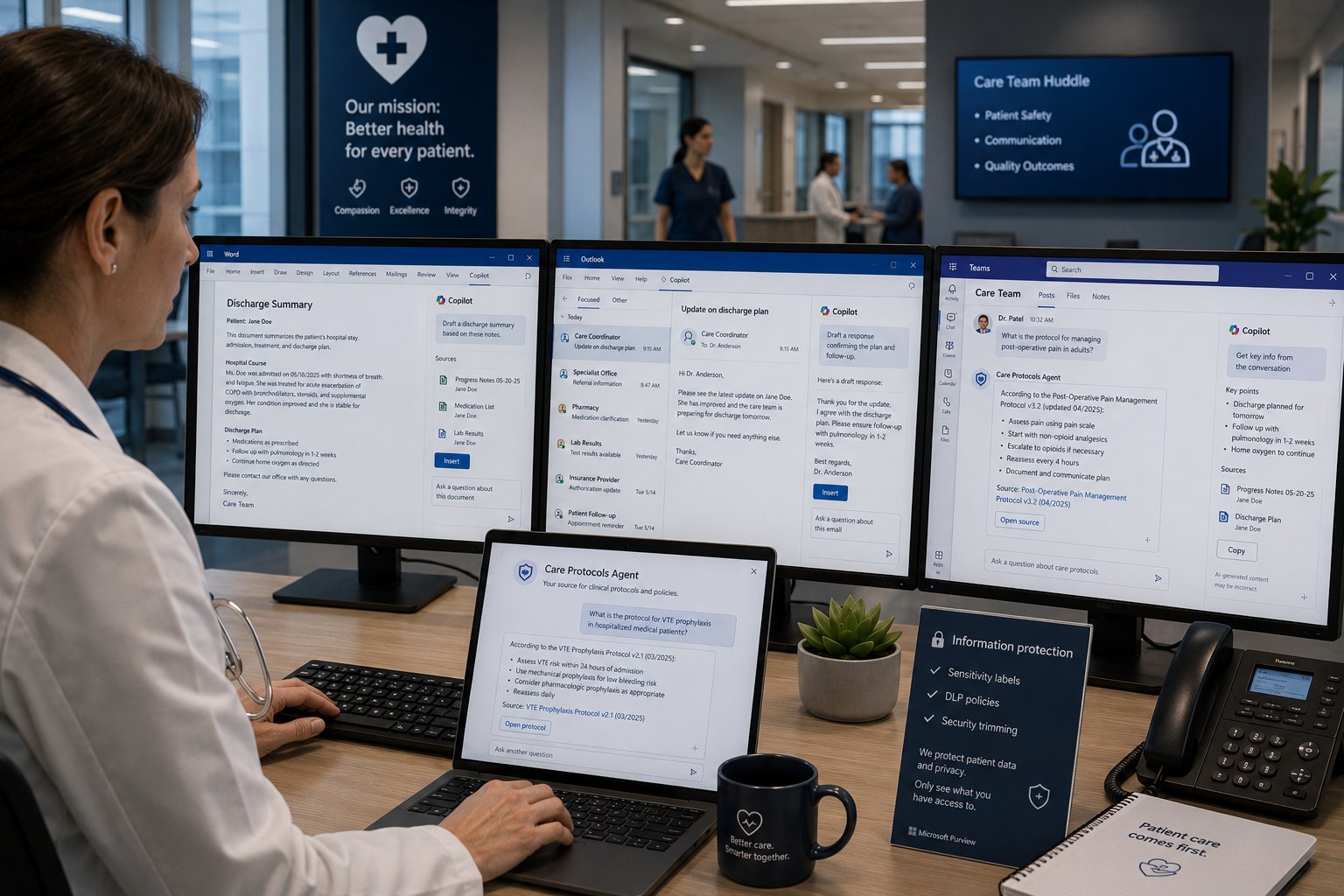 Zorgverlener gebruikt Copilot in Word, Outlook en Teams en de Care Protocols Agent voor een ontslagbrief en zorgprotocol