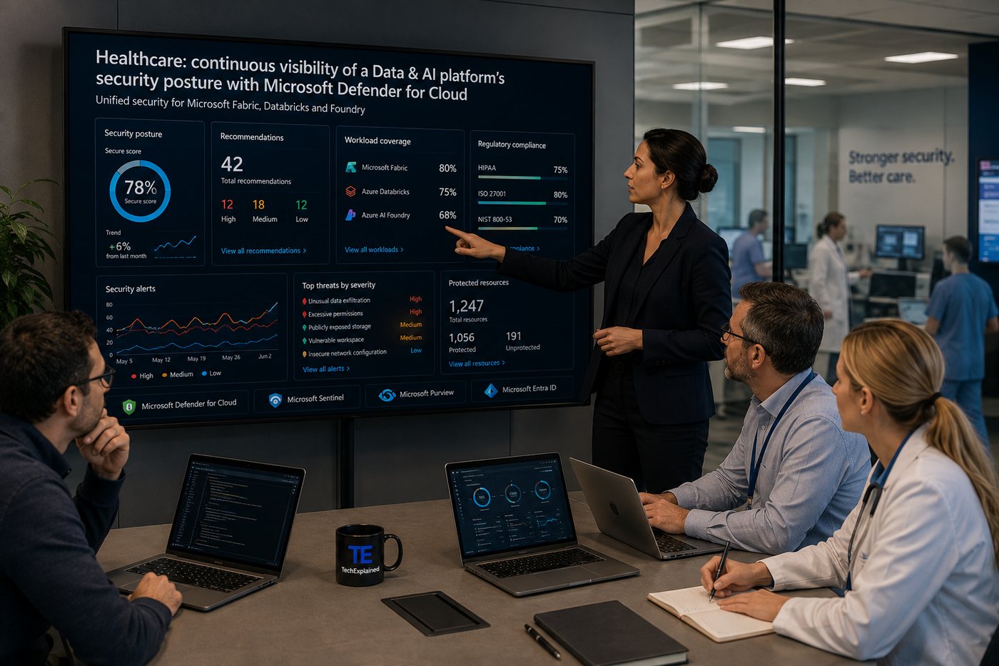 Security architect walking colleagues through a Defender for Cloud overview on a wall screen, showing secure score, recommendations and workload coverage
