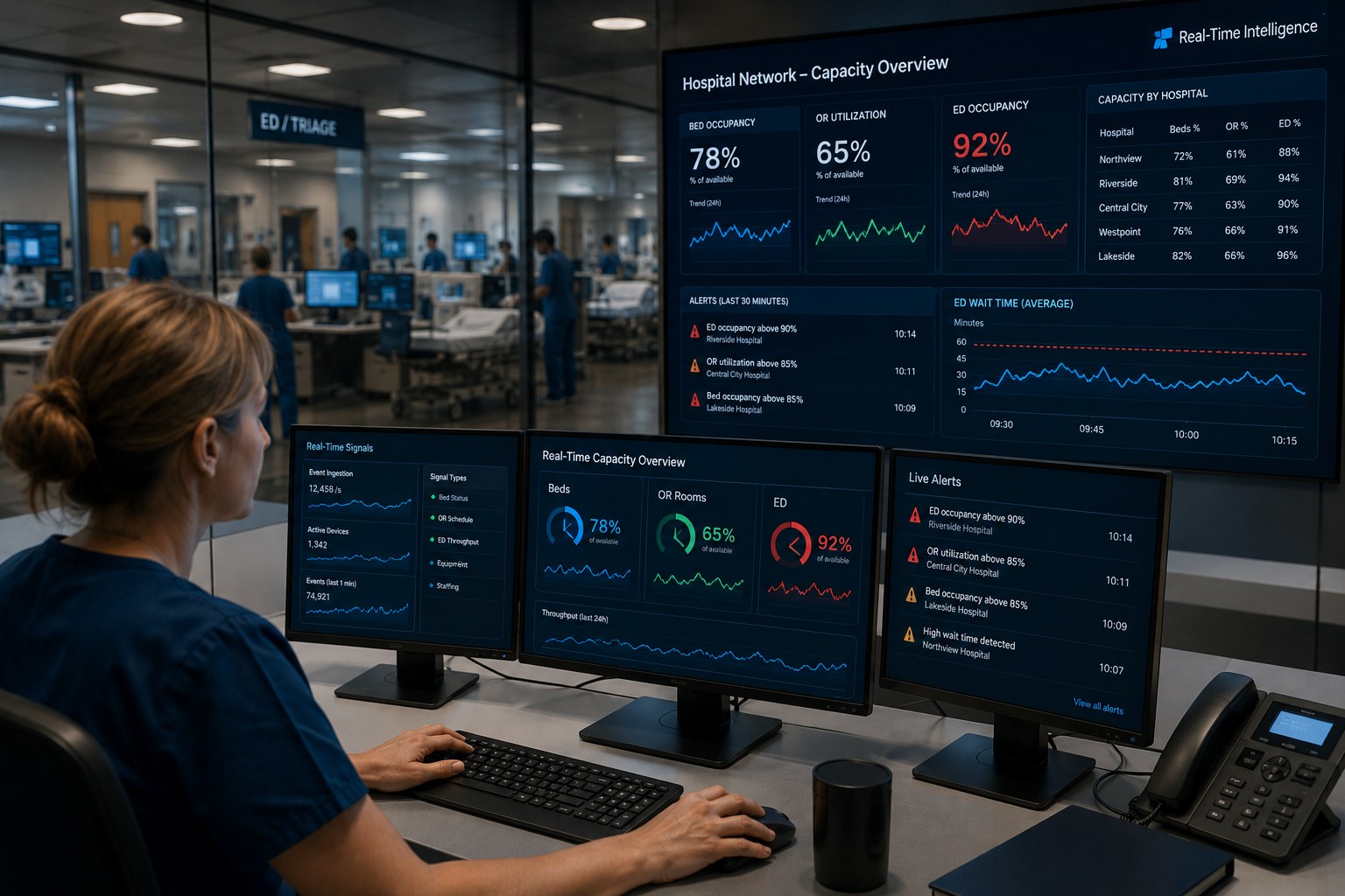 Verpleegkundige bekijkt een realtime capaciteitsdashboard van het ziekenhuisnetwerk