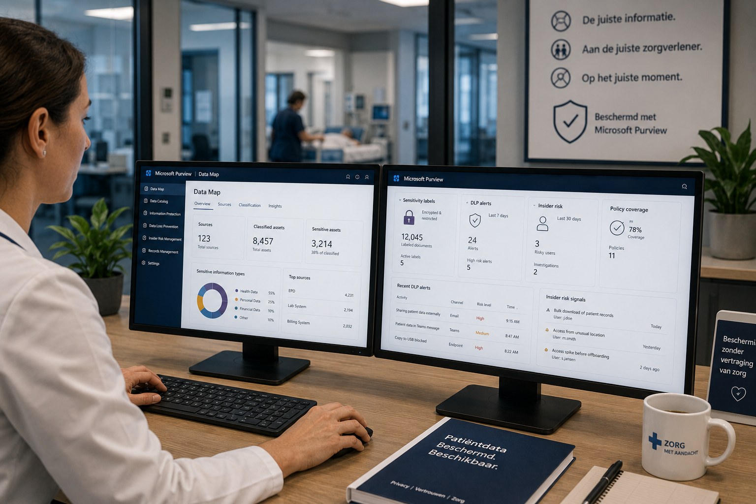 Zorgprofessional bekijkt Data Map-classificatie, DLP-alerts en Insider Risk-signalen in Microsoft Purview