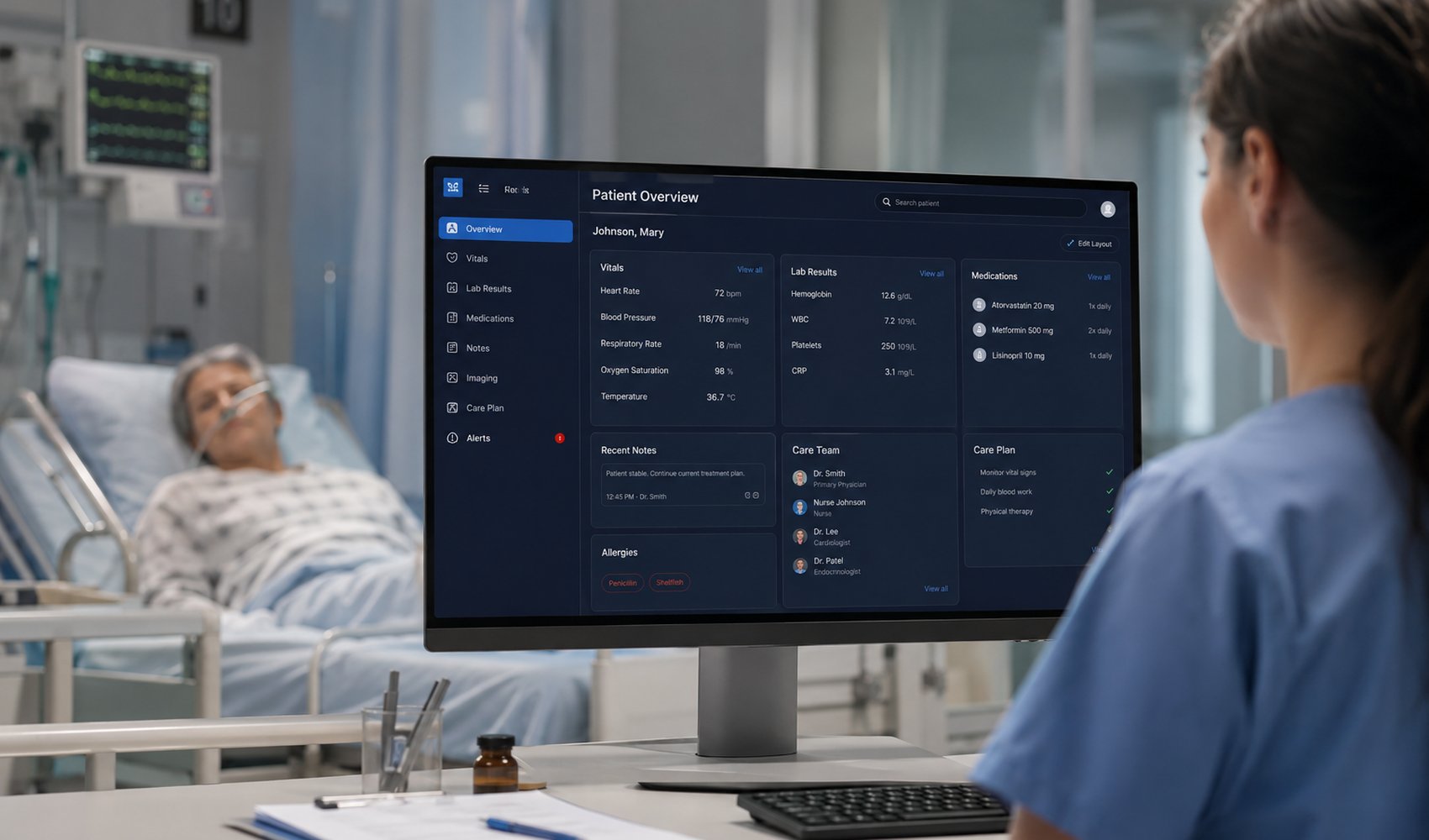 Verpleegkundige bekijkt een patiëntoverzicht in een Microsoft Fabric dashboard