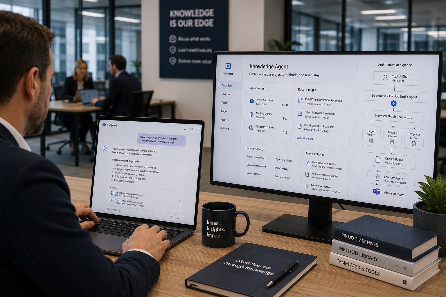 Consultant raadpleegt de Knowledge Agent in Copilot voor eerdere projecten, methoden en templates