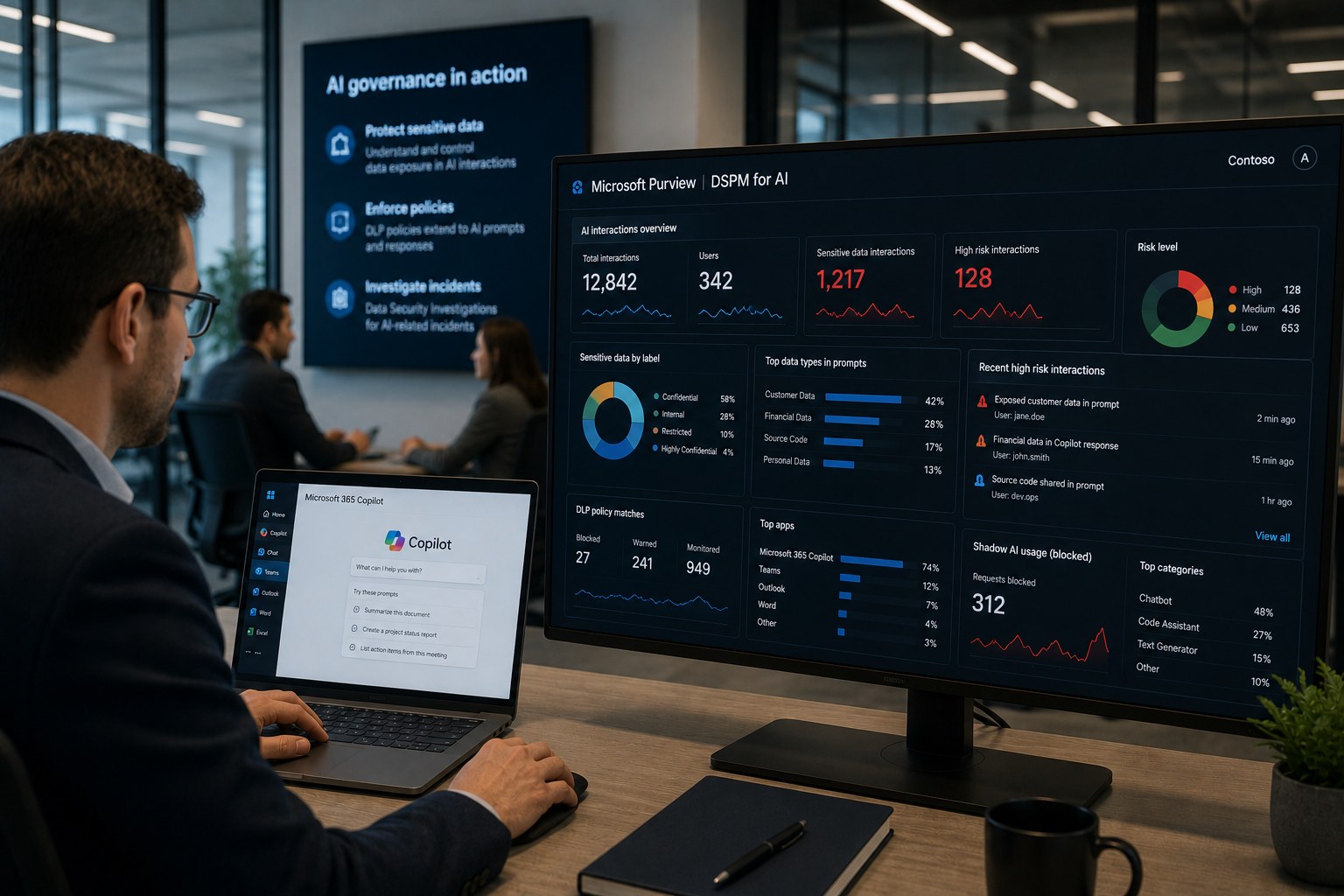 Security-architect bekijkt een DSPM for AI-dashboard met AI-interacties en risiconiveaus voor een Copilot-uitrol