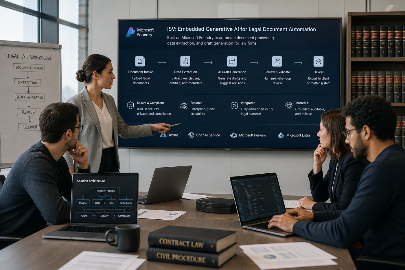 Lawyer looking at automatically generated document summaries next to an architecture diagram of an embedded AI solution