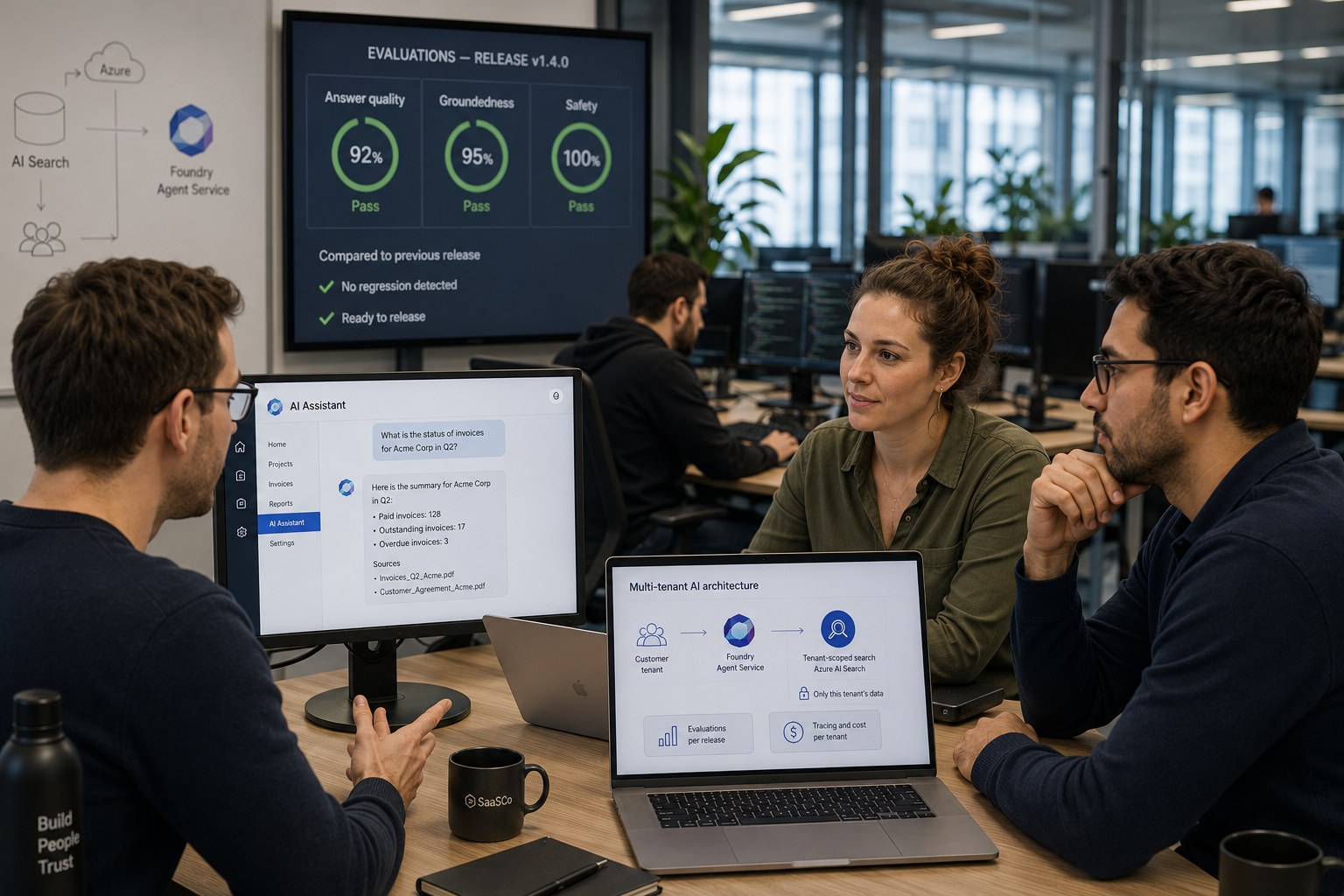 Team discusses evaluation scores and the multi-tenant architecture of their embedded AI assistant on screens