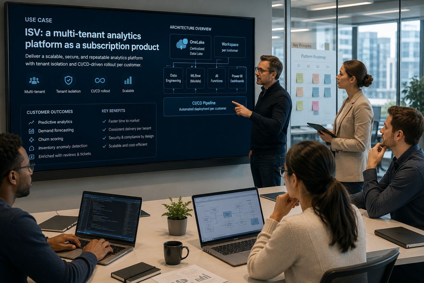 Team reviewing the architecture of a multi-tenant Fabric analytics platform with OneLake, a workspace per customer and a CI/CD pipeline
