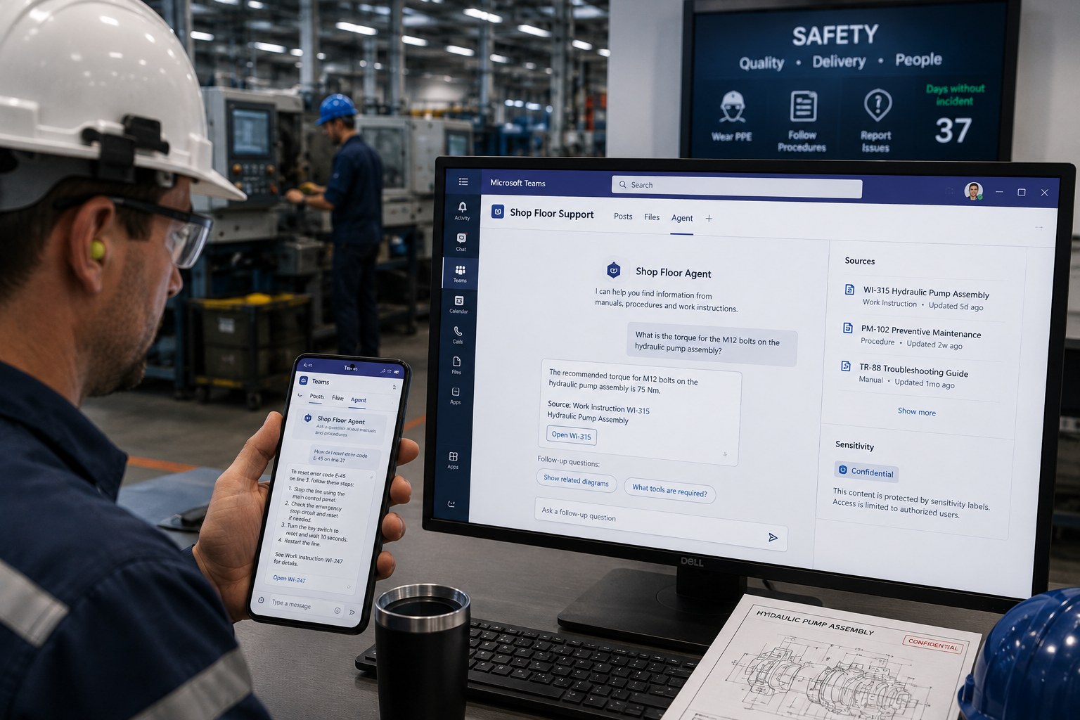 Operator raadpleegt de Shop Floor Agent in Microsoft Teams voor een werkinstructie op de fabrieksvloer