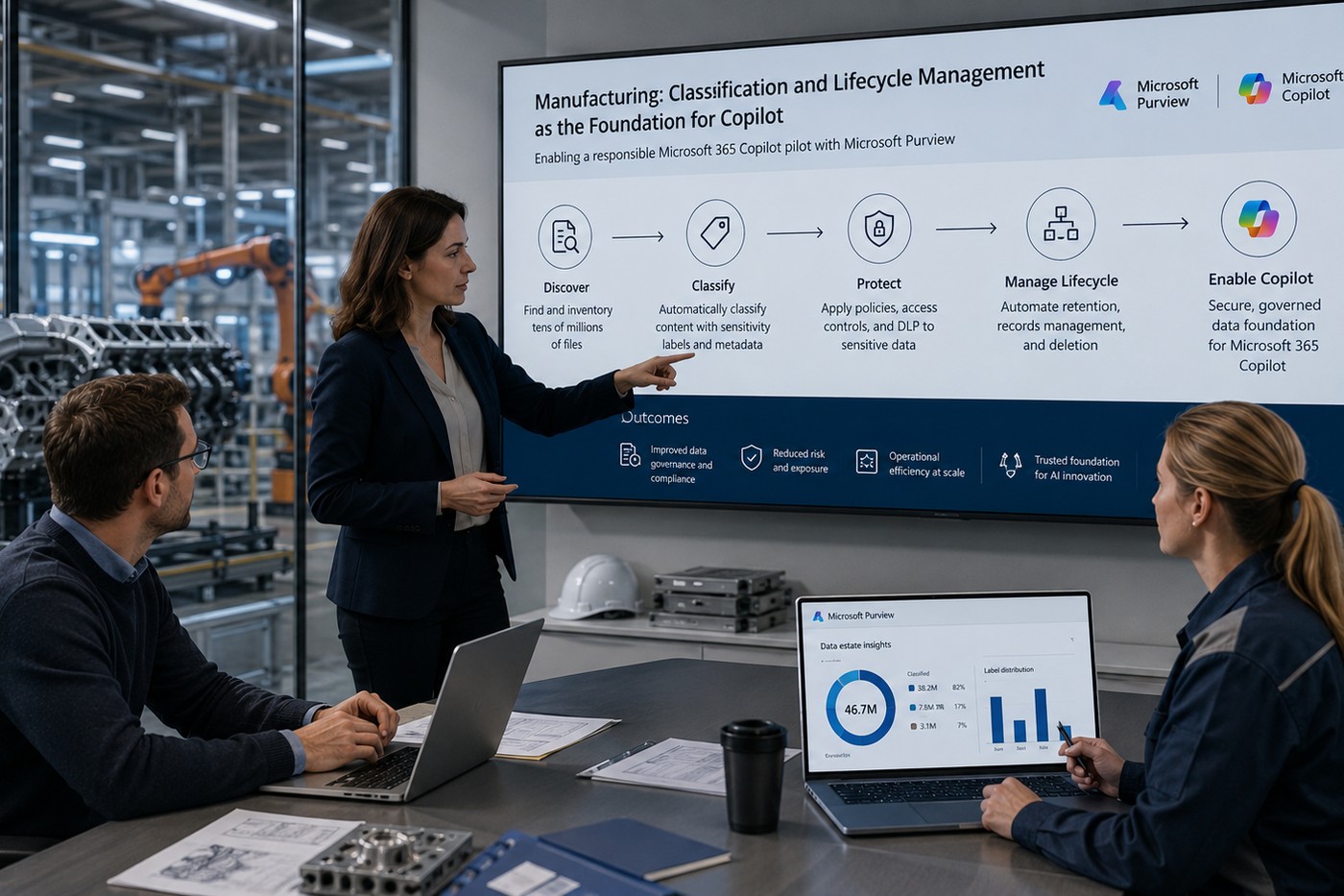 Information governance manager looking at a Purview dashboard with classification and retention statistics next to a production line