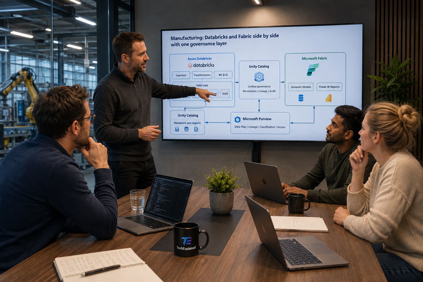 Architect walking a team through a diagram showing Azure Databricks and Microsoft Fabric side by side, with Unity Catalog and Microsoft Purview as the shared governance layer