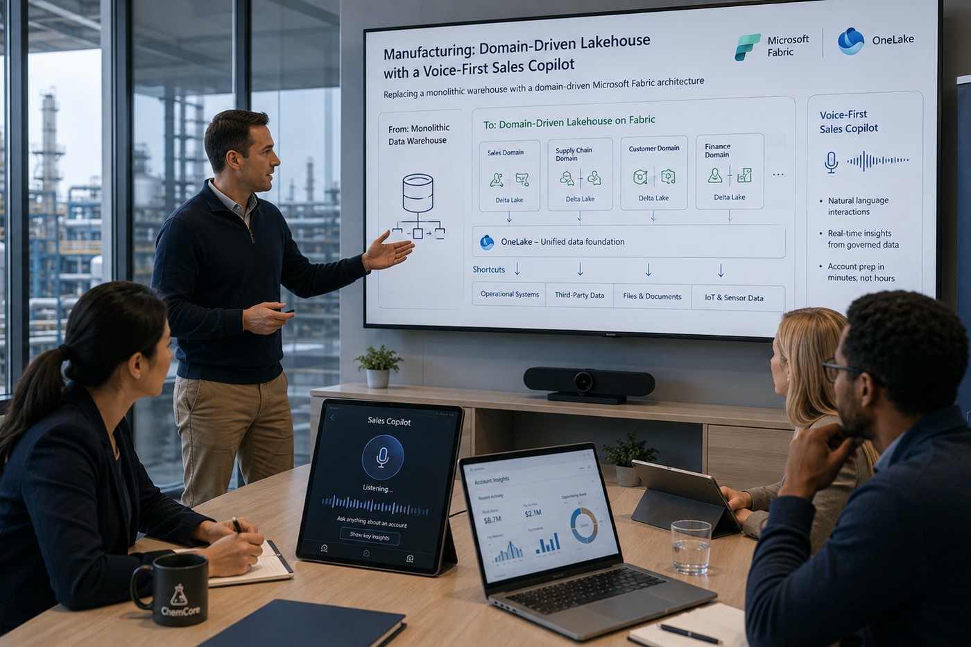 Sales engineer looking at a voice-driven copilot dashboard with customer history, next to a diagram of domain-owned Fabric workspaces