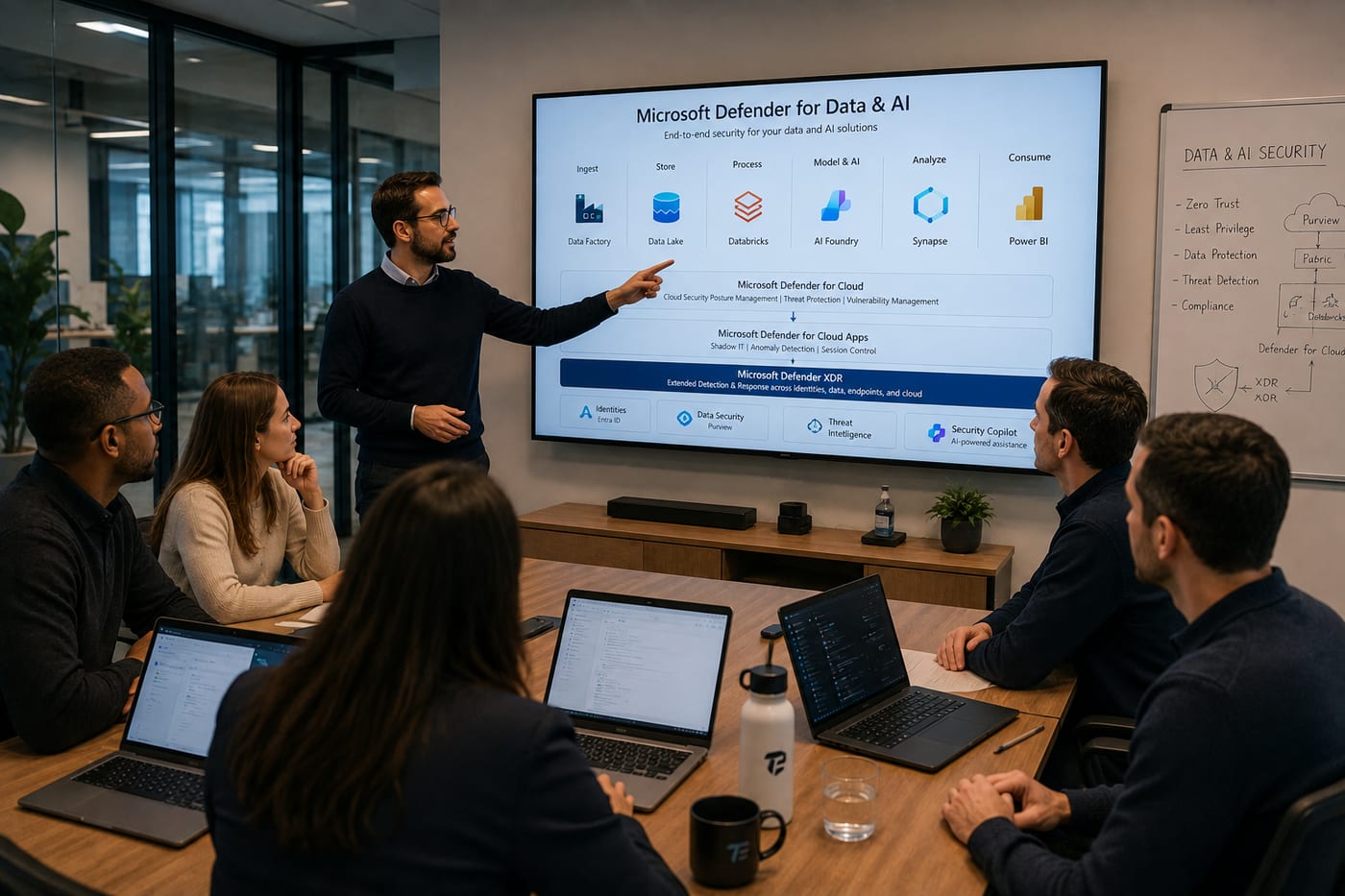 Overview of Microsoft Defender across a data and AI chain, with security layers over ingest, storage, processing, models and analysis