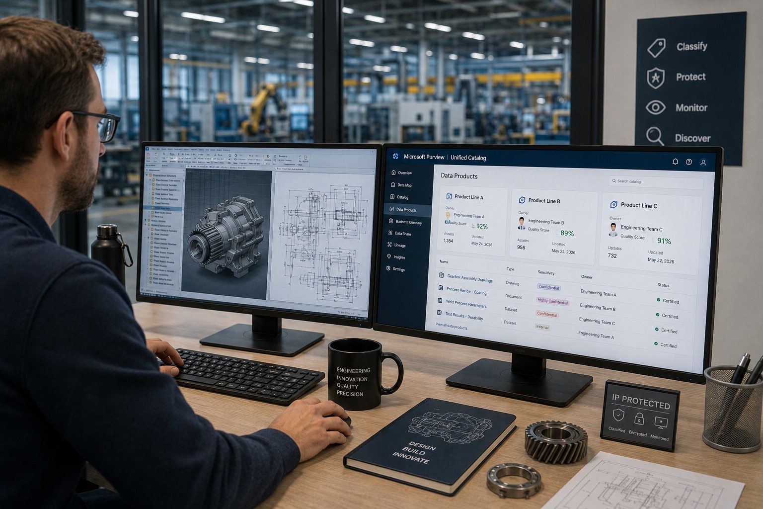 Engineer bekijkt geclassificeerde CAD-tekeningen en Data Products per productlijn in de Purview Unified Catalog