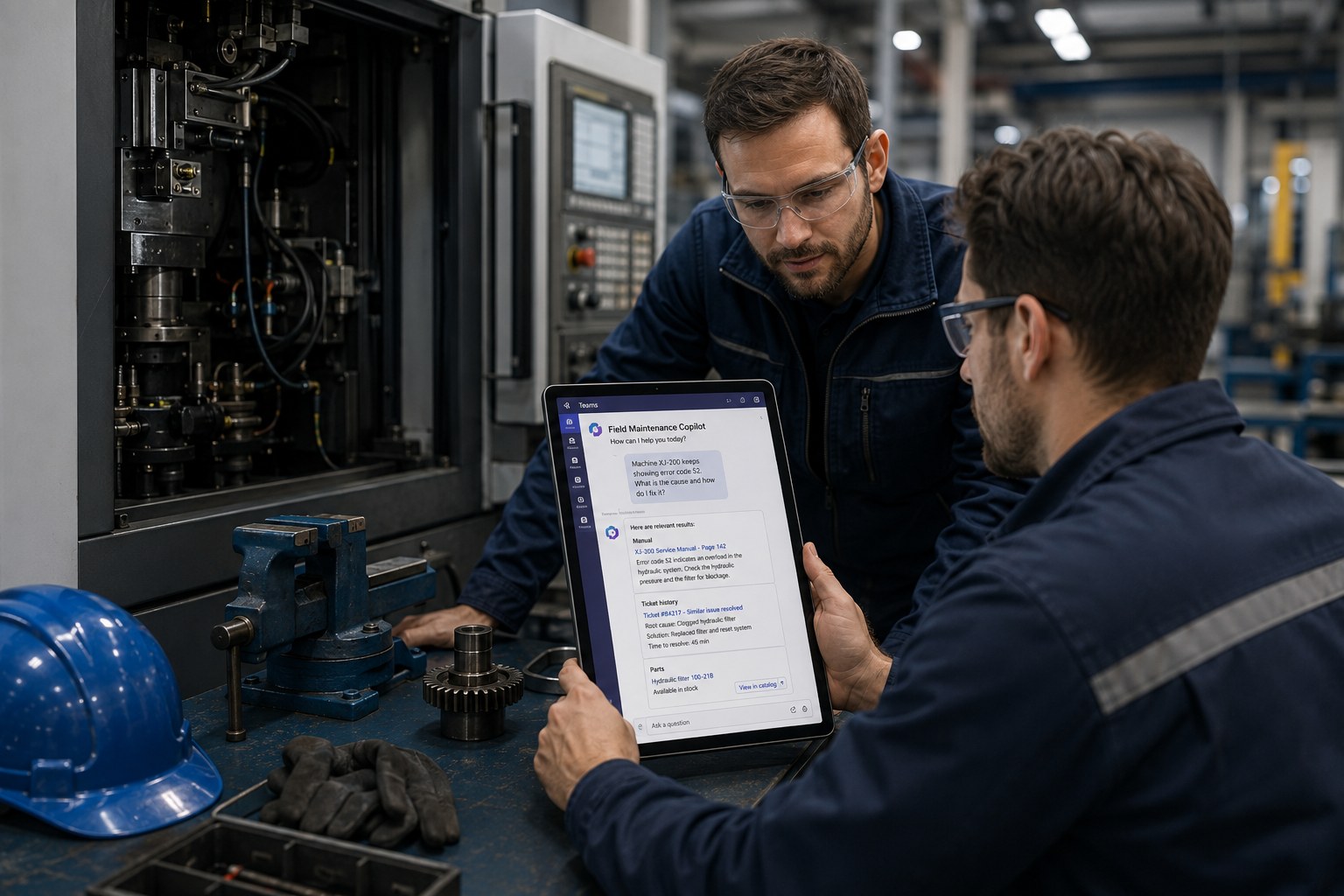 Two technicians review the Field Maintenance Copilot on a tablet next to an open production machine