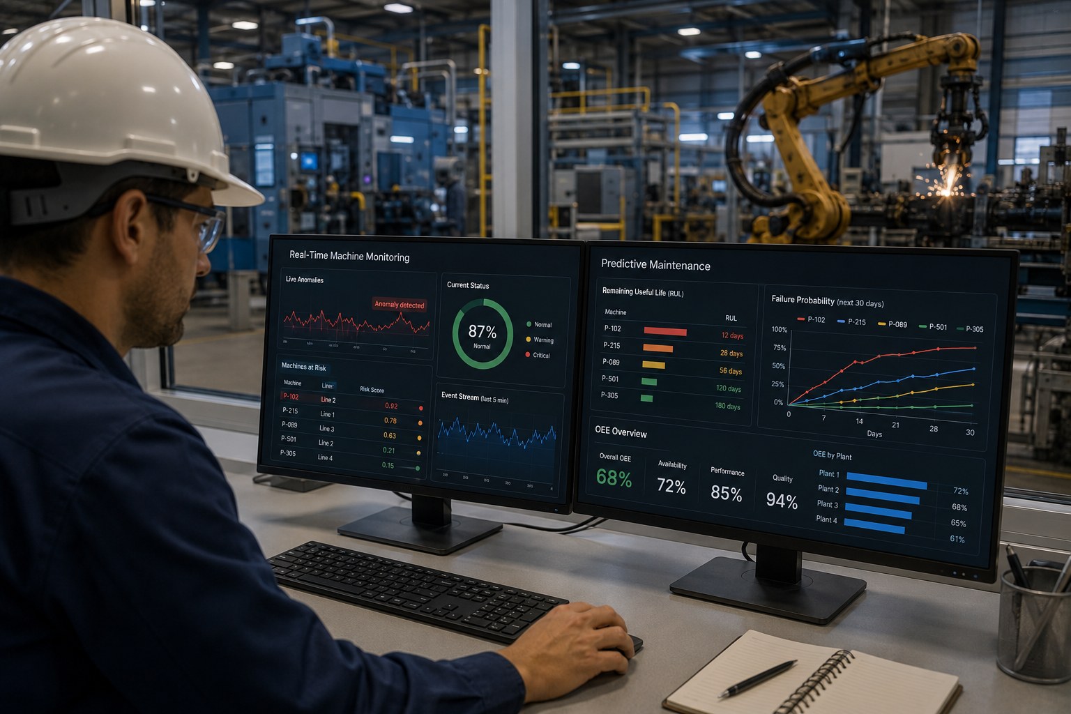 Operator bekijkt een predictive maintenance-dashboard op de fabrieksvloer