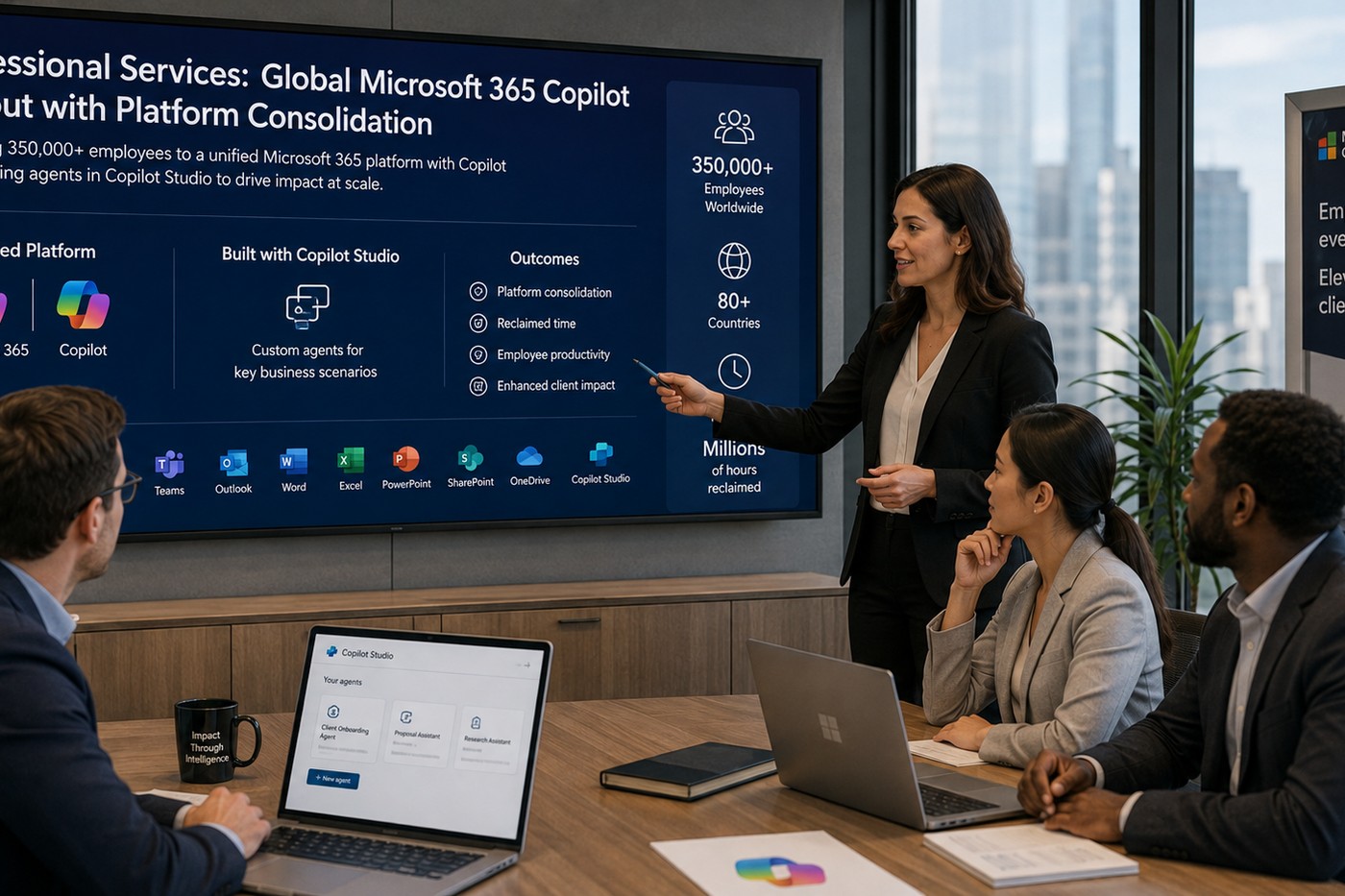 Employee using Microsoft 365 Copilot on a laptop in an international office, with a world map of rollout waves in the background