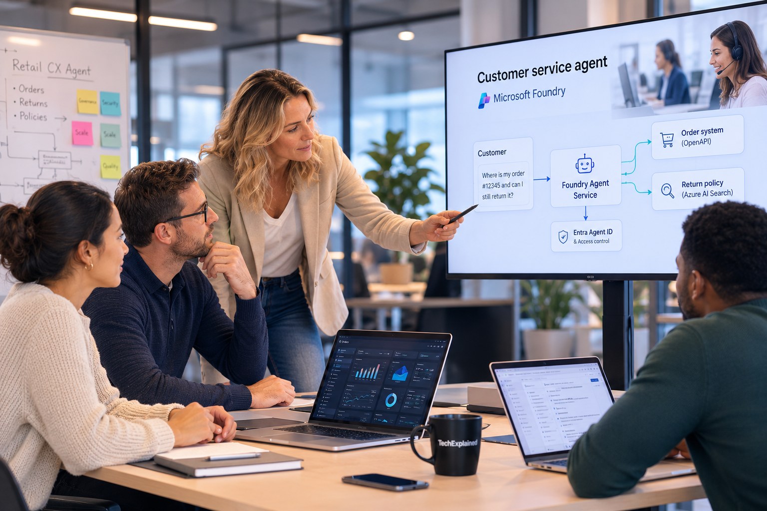 Team discusses the architecture of a Foundry customer service agent with order system and return policy integrations on a screen
