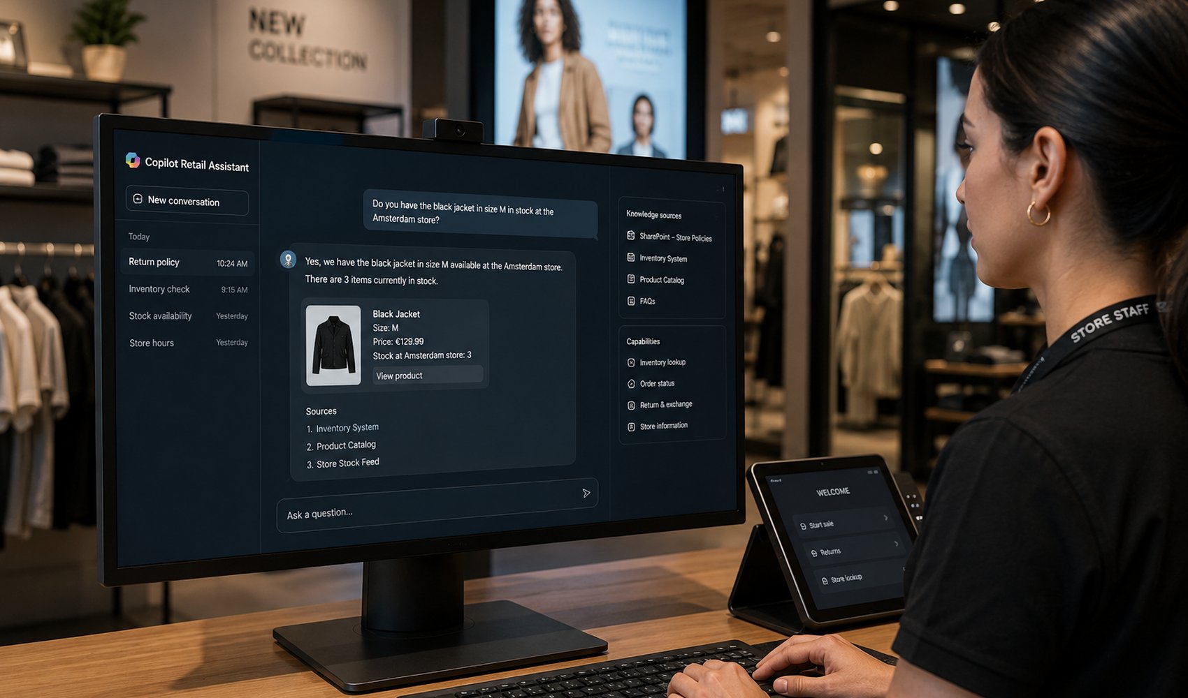 Winkelmedewerker gebruikt een Copilot retail-assistent voor voorraadvragen