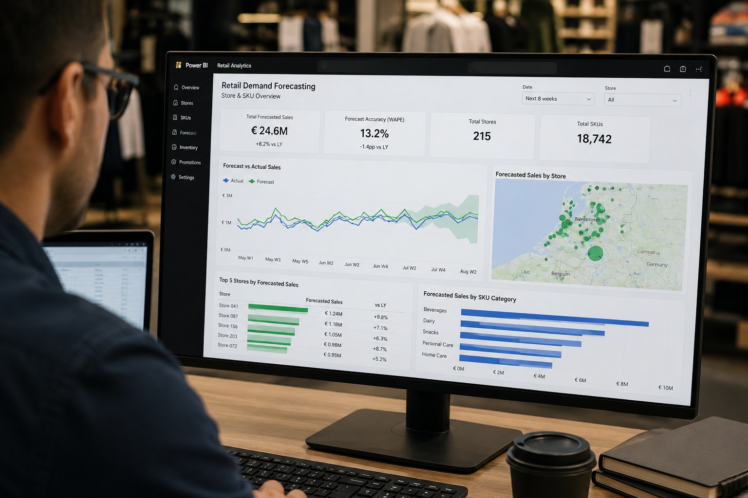 Retail-analist bekijkt een vraagvoorspellingsdashboard in Power BI
