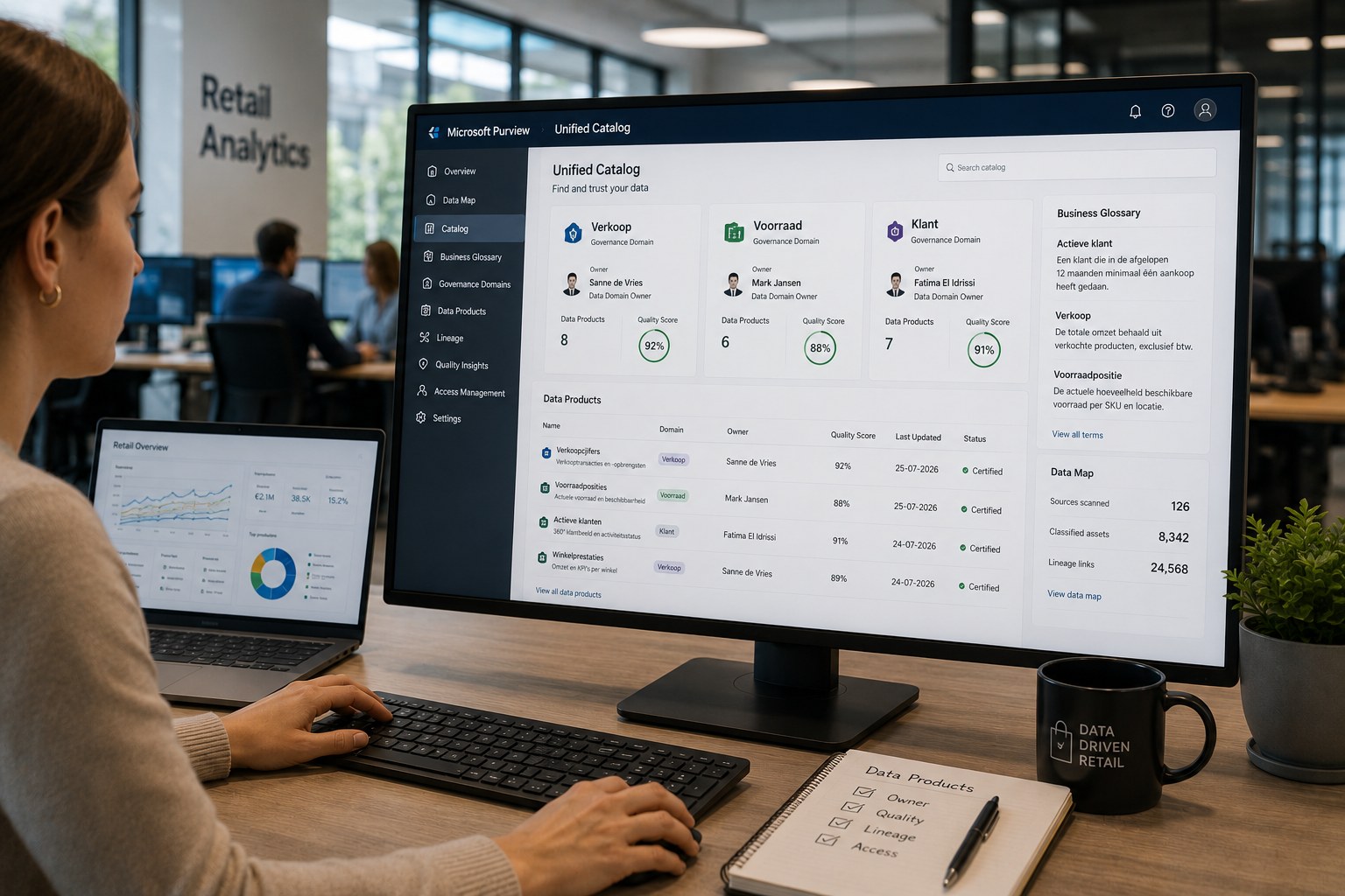Retail-analist bekijkt Governance Domains en Data Products in de Purview Unified Catalog