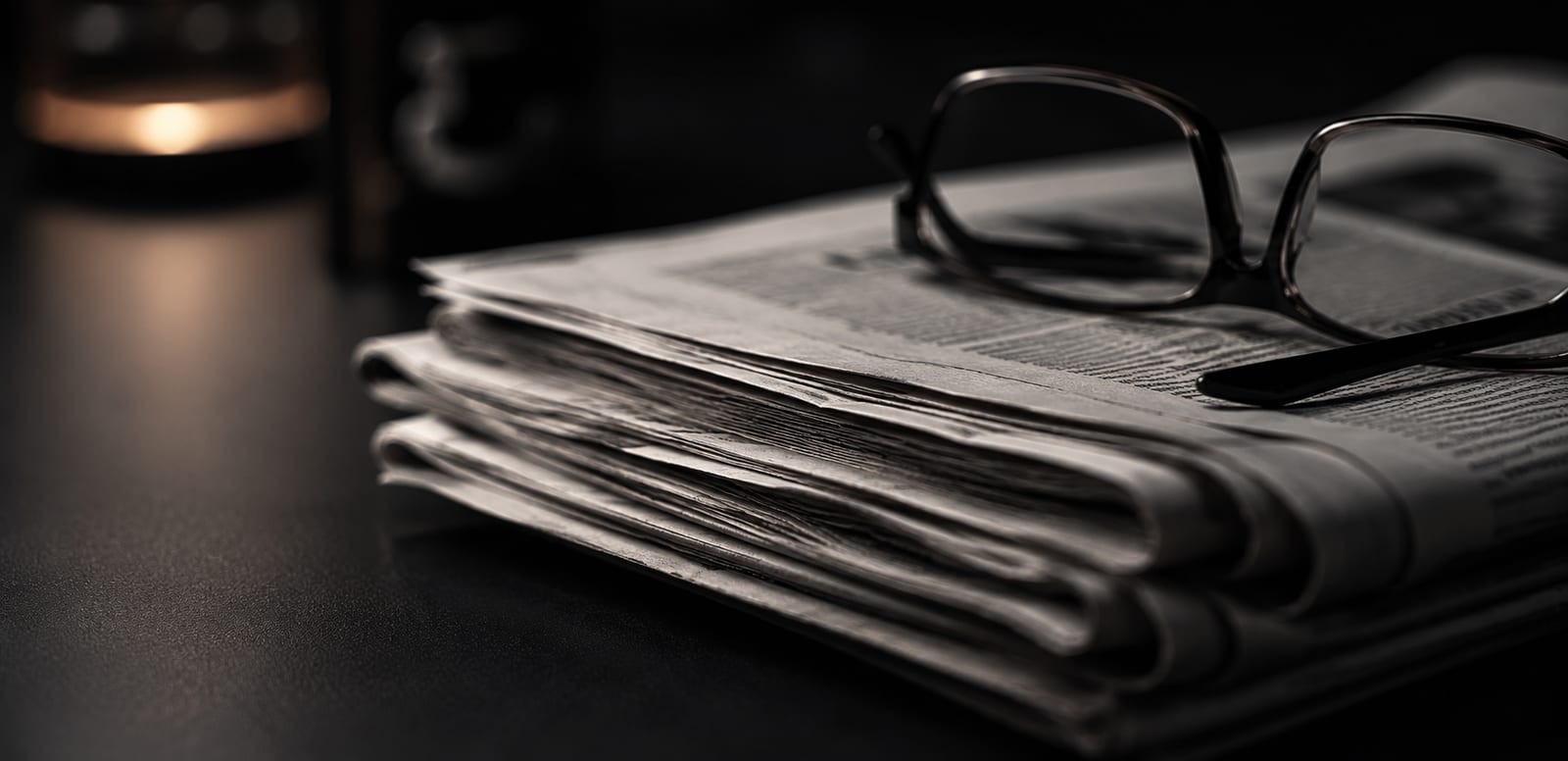 A stack of folded newspapers with reading glasses on top, in evening light