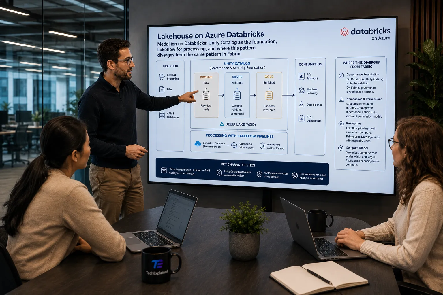 Architect discussing the Lakehouse pattern on Azure Databricks with Bronze, Silver and Gold on Delta Lake, Unity Catalog as the foundation and Lakeflow pipelines for processing.