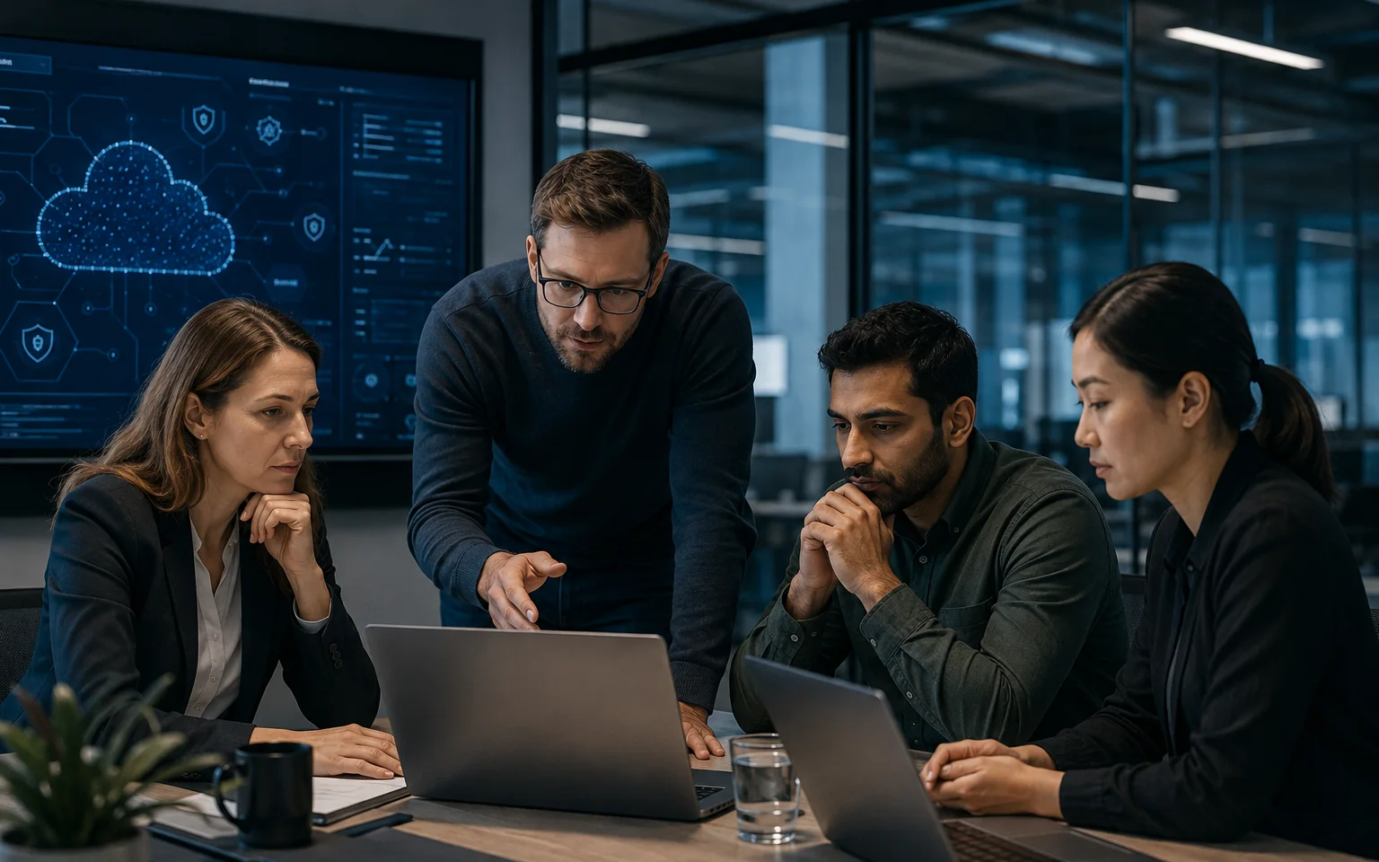 Security architect walking a team through Defender for Cloud findings, with a cloud security posture dashboard on the screen behind them.