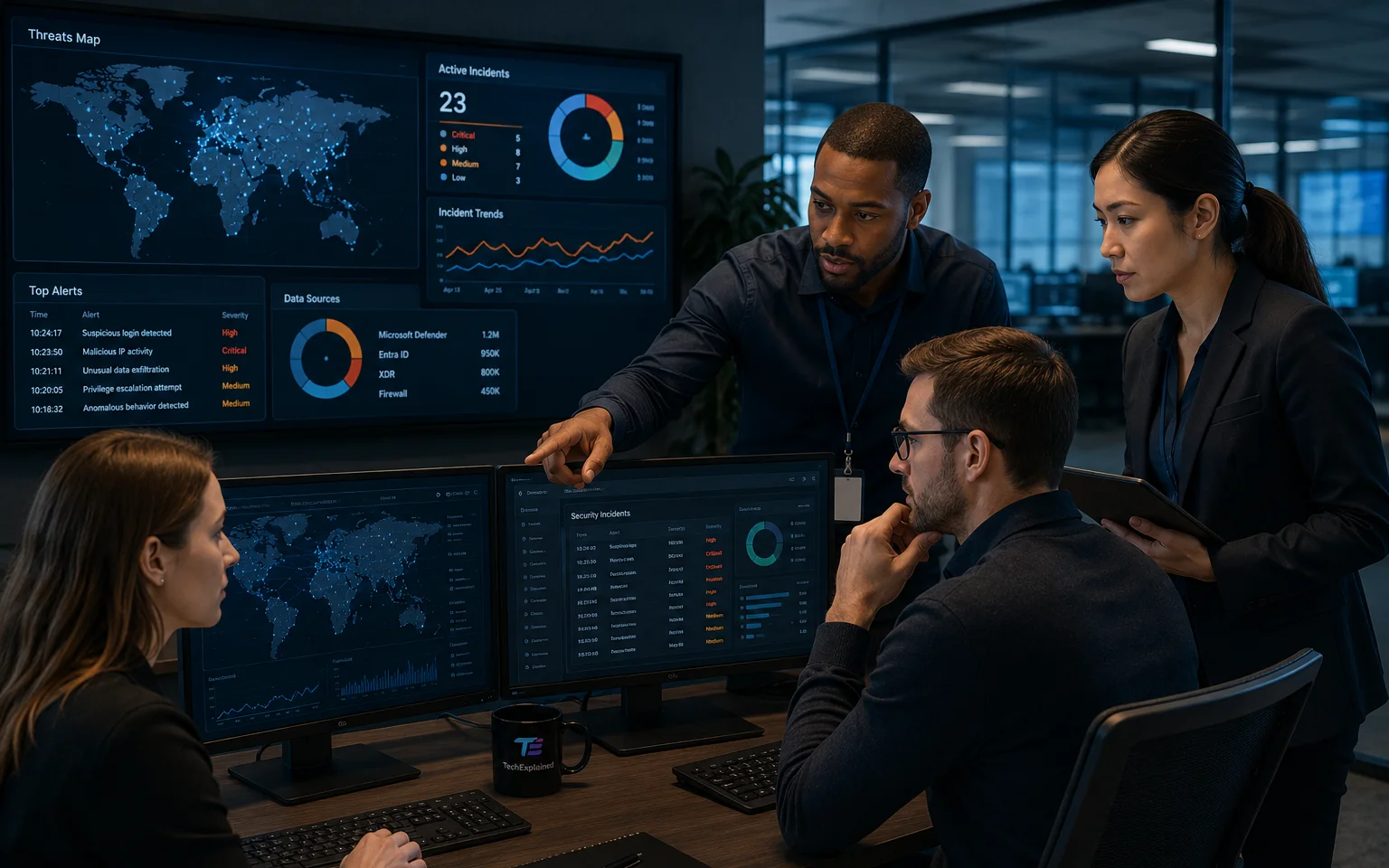 Security team reviewing incidents in a SOC, with a Sentinel dashboard on the wall screen showing Defender, Entra ID and XDR as sources.